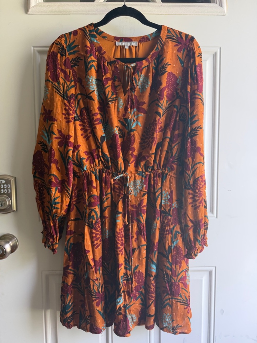 Daniel Rainn Macie Dress-Burnt Orange Floral Tie-Neck, medium.